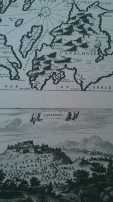 Κεφαλονιά, το Kάστρο του Αγίου Γεωργίου και «Χάρτης της Νήσου Κεφαλονιάς», χαλκογραφί απ΄οτο βιβλίο του Olfert Dapper, 1688